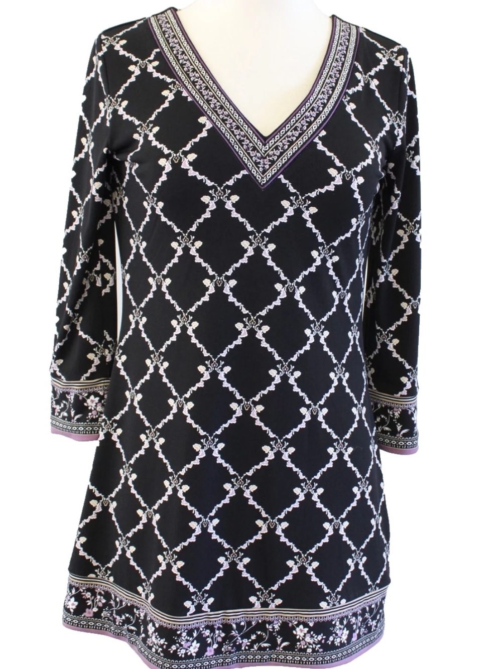 White House Black Market Black V-Neck Embroidered Tunic with Purple Accents